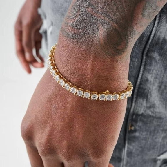 3MM 14K Yellow Gold Plated 10Ct Round Lab-Created Diamond Mens Tennis Bracelet 7"