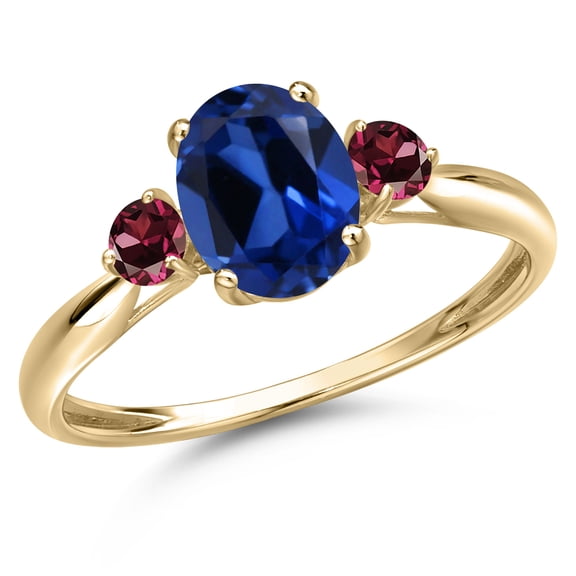 Gem Stone King 10K Yellow Gold Blue Created Sapphire and Red Rhodolite Garnet 3-Stone Ring for Women | 1.84 Cttw | Oval 8X6MM | Gemstone September Birthstone | Size 8