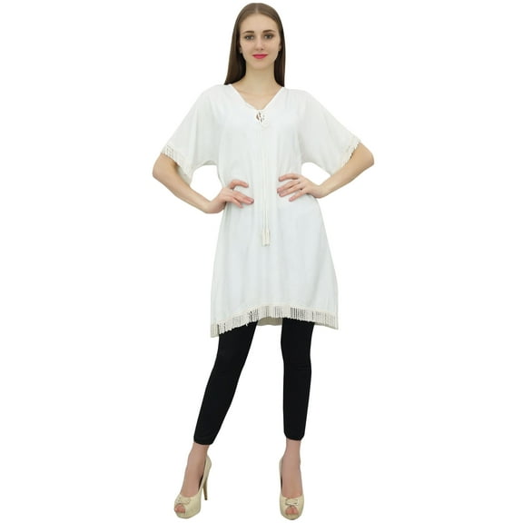 Bimba Women's White Kimono Sleeve Casual Boho Tunic Blouses Top With Fringes-4