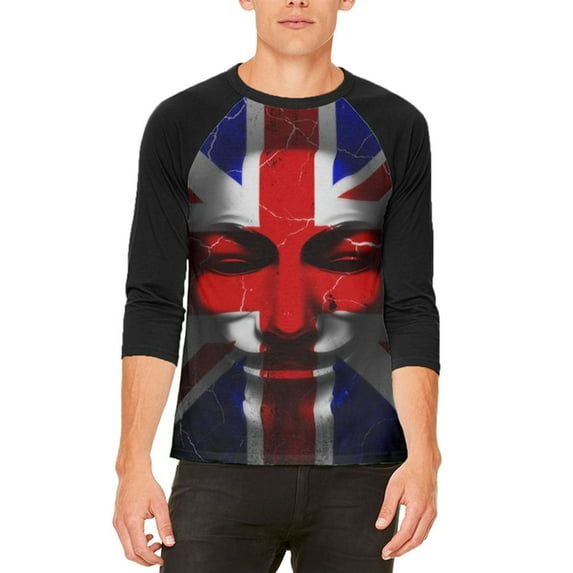 Guy Fawkes Day Union Jack Distressed British Flag Mask Mens Raglan T Shirt White-Black X-LG