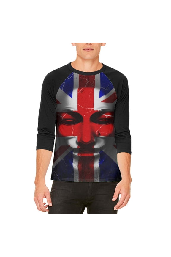 Guy Fawkes Day Union Jack Distressed British Flag Mask Mens Raglan T Shirt White-Black SM