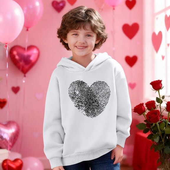 Girls White Oversized Hoodie Fingerprint Heart Graphic Pullover Sweatshirt for Kids Youth,Size 3 T