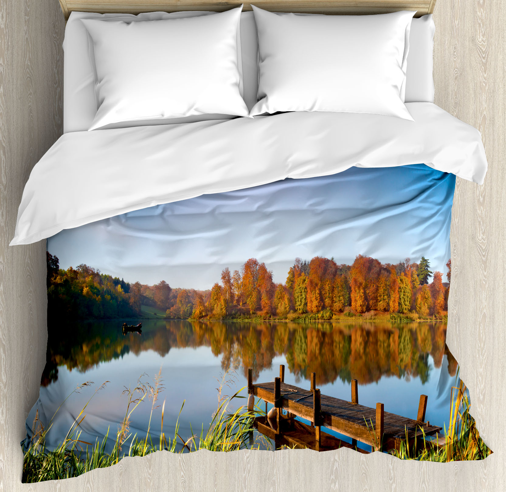 Scenery Duvet Cover Set, Lake View Fishing Countryside Themed with