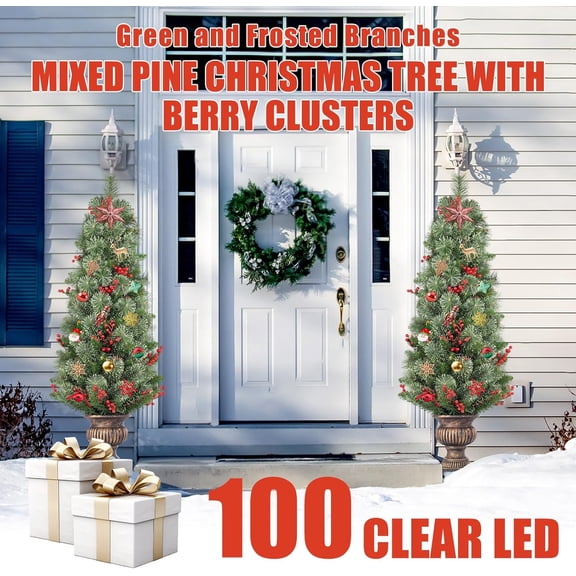 4ft Prelit Outdoor Christmas Tree with Timer Plug, Mixed Pine Potted Tree with 100 LED Lights and Red Berries, Weather-Resistant Front Door Porch Decor for Indoor Outdoor Holiday Use