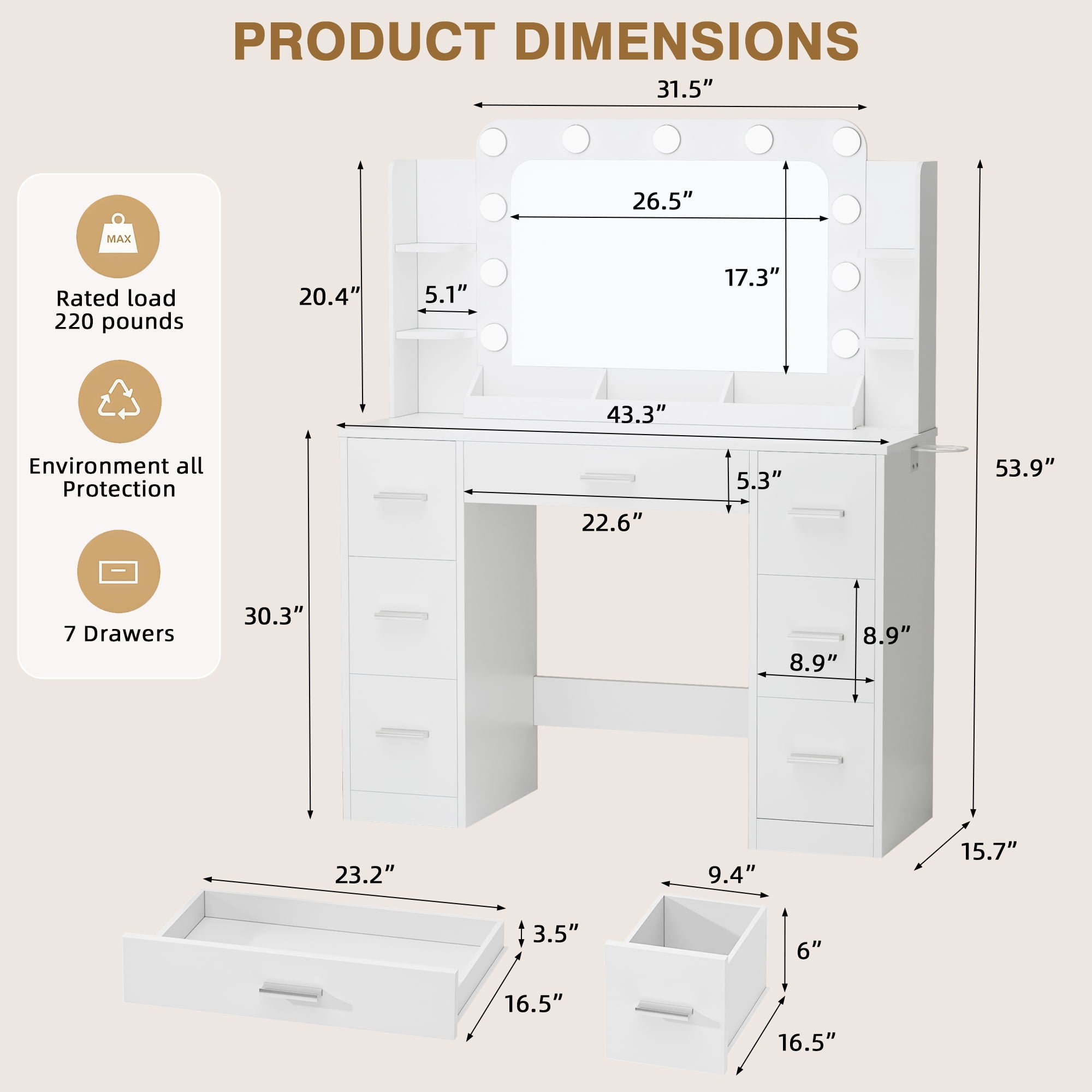 Homall Vanity Desk with Lights & Mirror, Makeup Vanity Set with Power Outlet & Storage Drawers Shelves for Bedroom, White