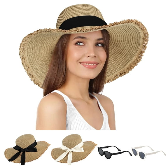 AEDAMURRA Women Straw Hats for Women, Wide Brim UPF 50  Soft Summer Sun Hat for Beach with Sun Glasses Ribbon Khaki