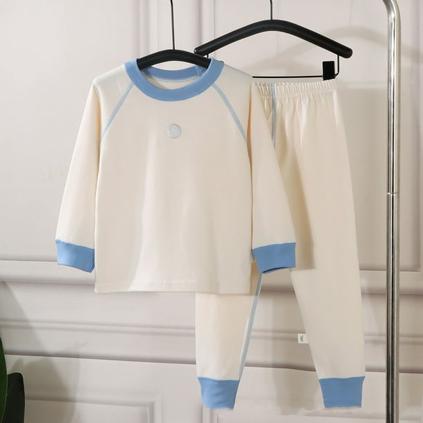 Conjuntos de blusas y camisas de cuello redondo y manga larga para niños, ropa de dormir de cuello redondo, conjunto de manga larga lisa, pantalones largos, ropa de hogar gruesa, prendas de poliéster