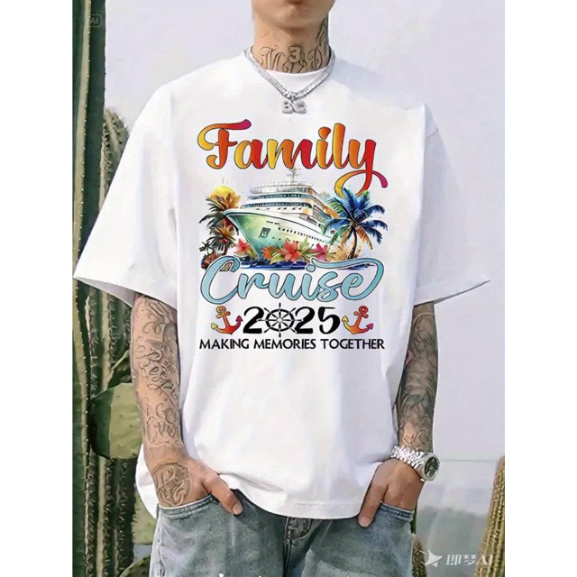 MEN Family Cruise 2025 Matching T-Shirt -100% Cotton, White Round Neck