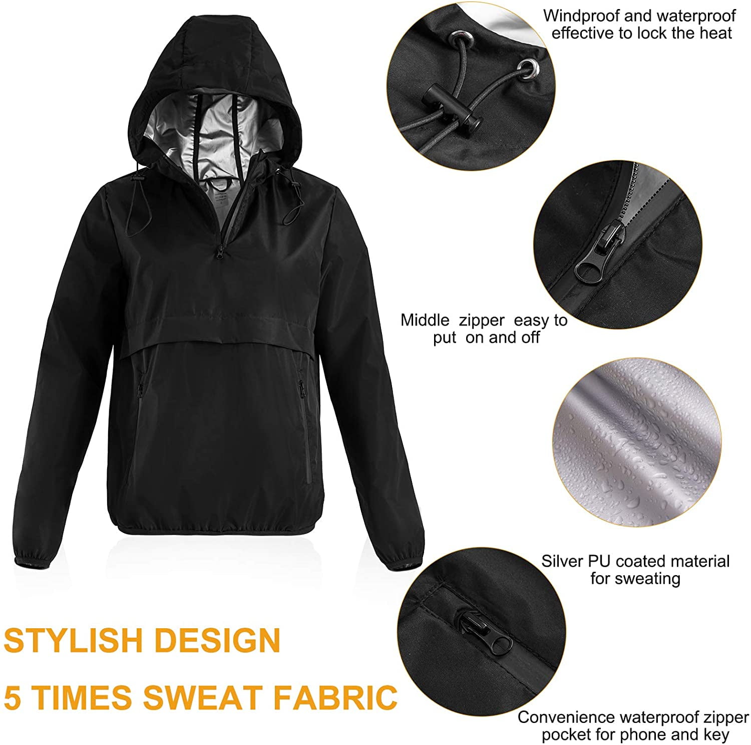Ursexyly Sauna Suits for Women Weight Loss Half Zip Workout Running Jacket Hooded Hot Sweat Suits Sauna Pants with Pockets
