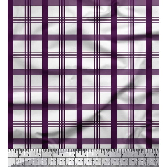 Soimoi Purple Satin Silk Fabric Window Pane Check Printed Fabric 1 Yard 42 Inch Wide