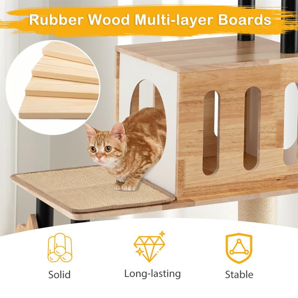 Resenkos Cat Scratching Tower,Cat Tree, Modern Tall Cat Tower with Double Condos with Dangling Balls and Sisal Carpets-Natural