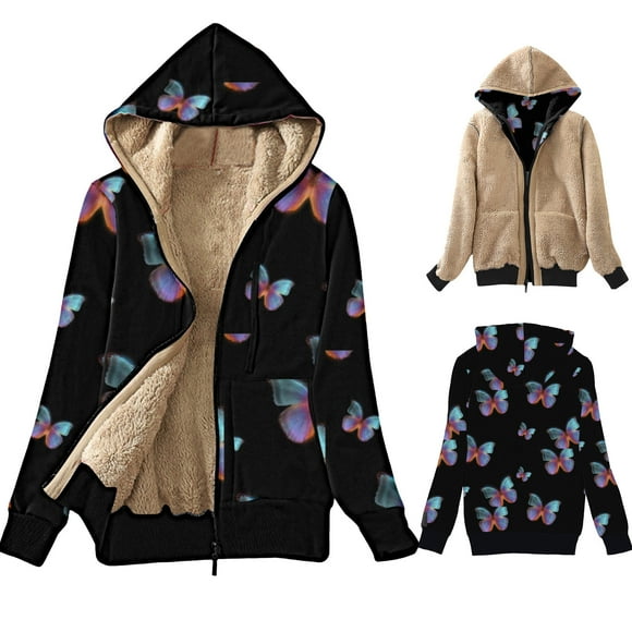 Meichang Women's Zip Up Hoodie Fleece Warm Lined Sherpa Jacket Winter Warm Butterfly Print Coats with Pockets
