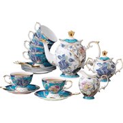 Tea Sets for Adults for 6 - Tea Pot Sets with Cups Blue, Tea Sets for Women Tea Party, Fine Bone China 24K Gold, Vintage British English Porcelain Afternoon Service Sets for Luxury Gift