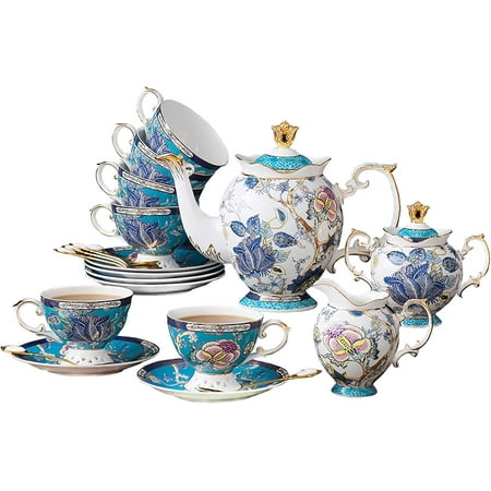 Tea Sets for Adults for 6 - Tea Pot Sets with Cups Blue, Tea Sets for Women Tea Party, Fine Bone China 24K Gold, Vintage British English Porcelain Afternoon Service Sets for Luxury Gift
