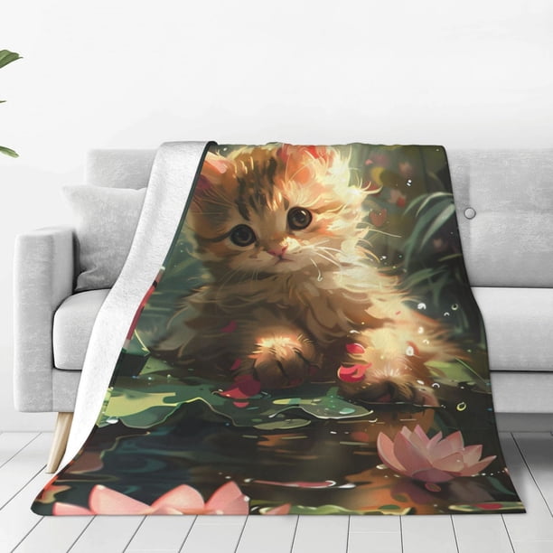 Balery Cute Kitten Water Lilies Manta de Felpa Suave y Acogedora – Cobija de Franela Aterciopelada para Cama, Lavable y Cálida para Sofá, Mascotas, Transpirable-60"x50"