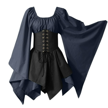 

Women s Summer Sun Dresses Trumpet Sleeve Shirt With Corset Traditional Gothic Retro Long Sleeve Corset Beach Dress