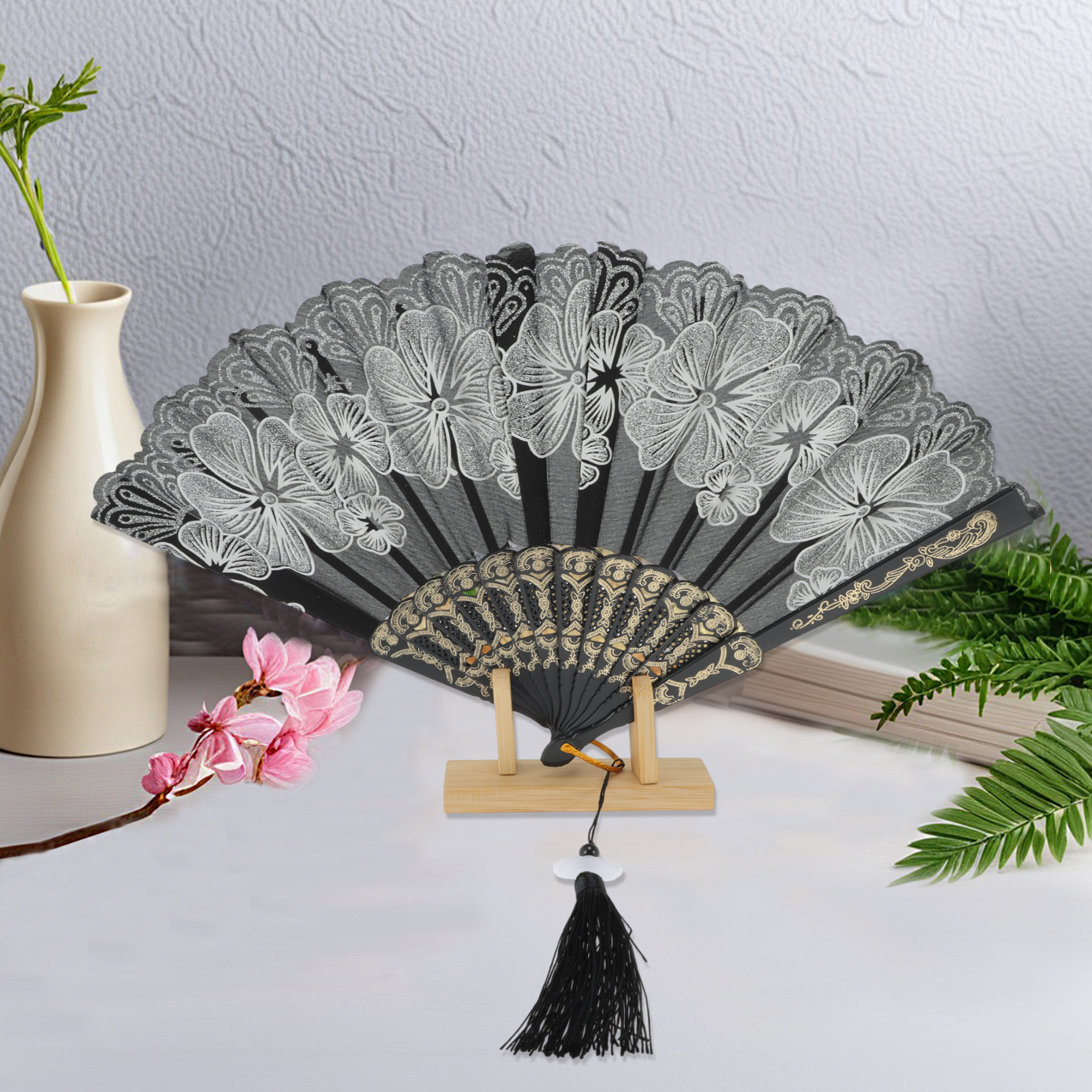 Unique Bargains Rose Lace Folding Fan with Tassel for Weddings and Parties in Silver Tone, 1 Pc