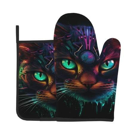 

Xecao Futuristic Cat Warrior Pattern Oven Mitts and Pot Holders Sets Heat Resistant Silicone Oven Mittens Extra Thicken Long Kitchen Cotton Oven Glove for Cooking