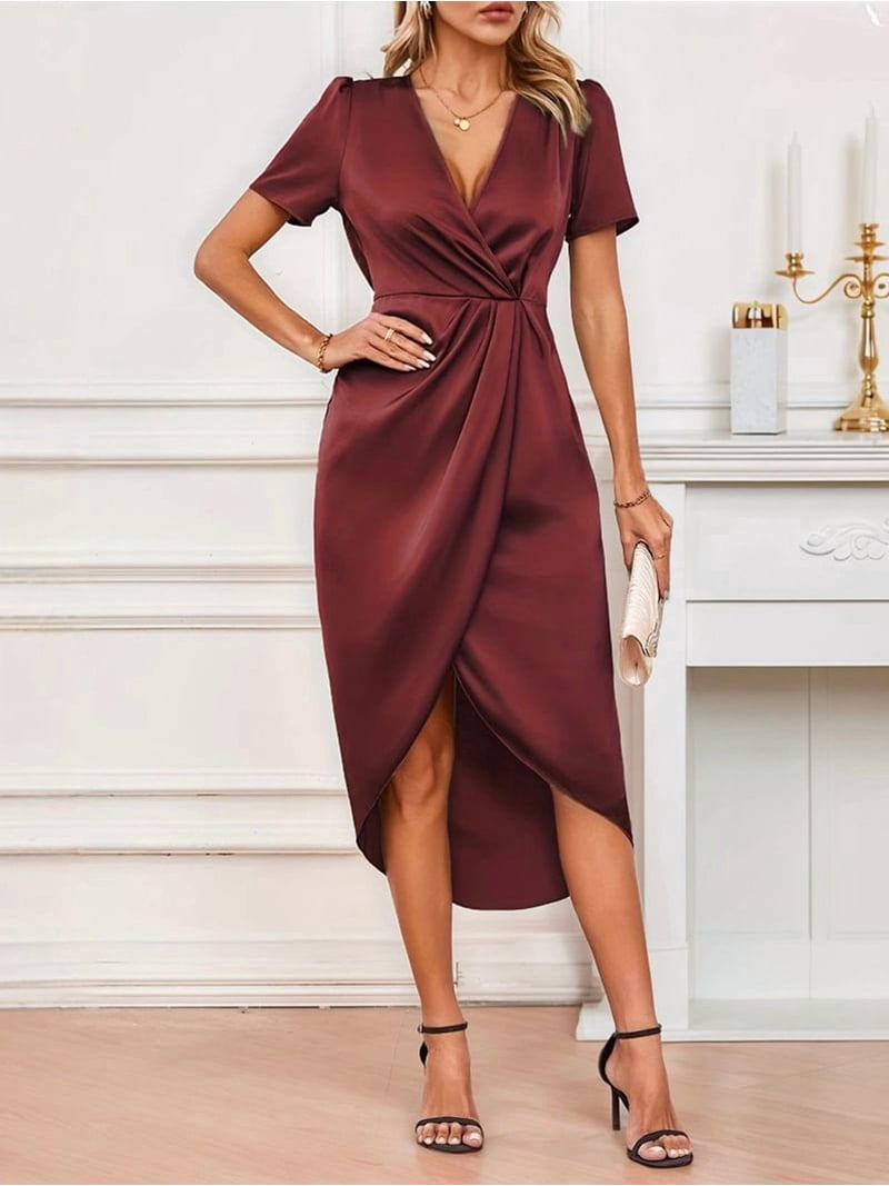 Women's Satin Short Sleeve Ruched Midi Wrap Neck Split Hem Formal Dress for Party Evening Wine Red M
