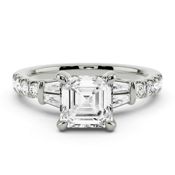 Alor Jewelry 2 Ct Asscher Cut Moissanite Halo Engagement Ring - Stunning Wedding Ring with Accents - 14K White Gold Plated Ring - Ideal for Engagement and Special Occasion