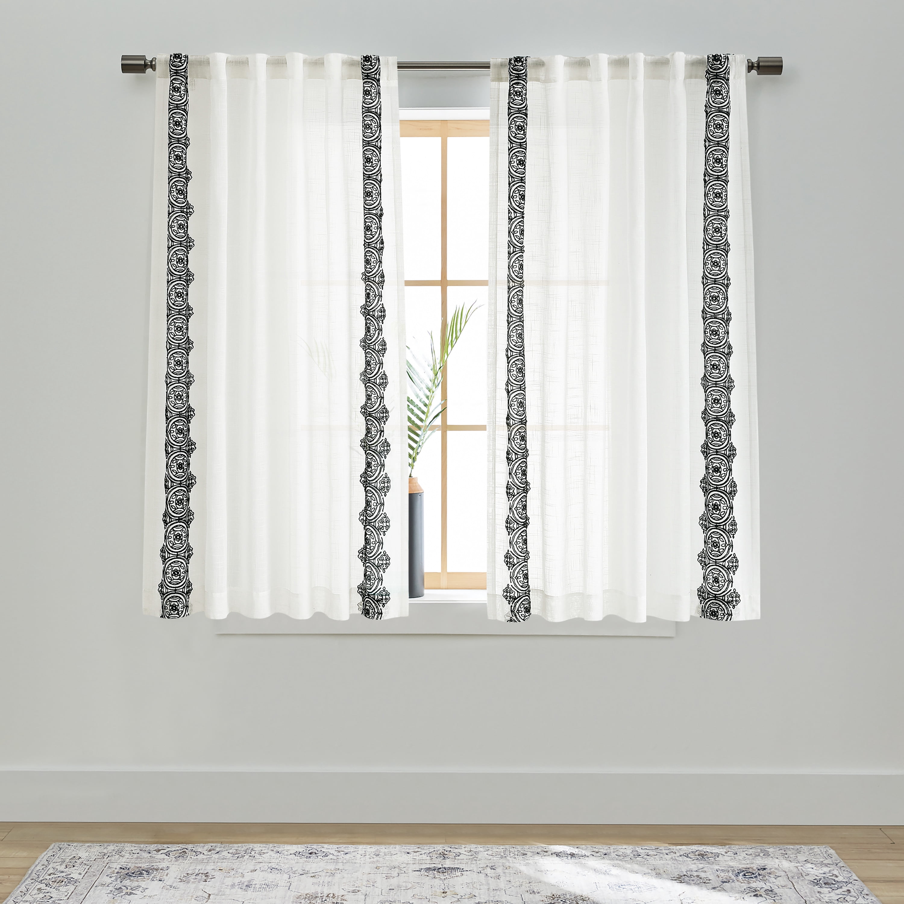 Better Homes & Gardens Embroidered Border Curtain Single Panel, Indoor, Rod Pocket/Back Tab, Vanilla Dream, 50" W x 63" L, Adult
