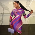 thumbnail image 2 of Women's Colorful Stripes Print O-Neck Long Sleeve Waistband Hips Wrapped Dress, 2 of 20
