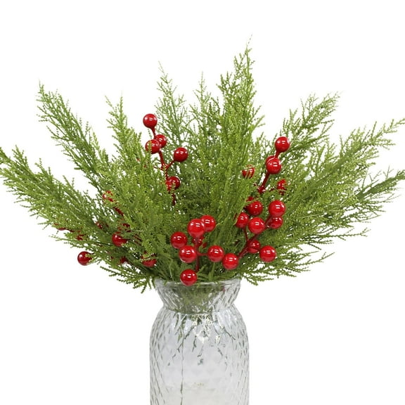 20Pcs Artificial Pine Branches with 10Pcs Red Berry Stems 12.5" Faux Cedar Leaves Sprigs Holly Berries Twigs Christmas Tree Picks Greenery Sprays for DIY Craft Wreath Garland Holiday Season Décor