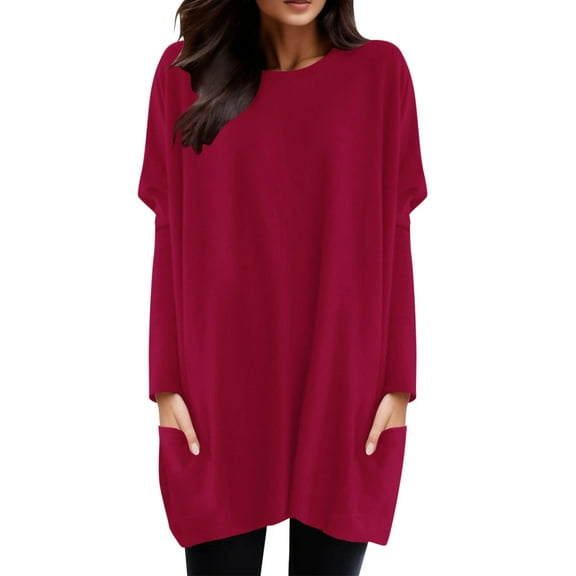 XIAOCHA Womens T Shirts Oversized Long Sleeves Crew Neck Side Pockets Tee Shirts Solid Color Relaxed Keen Length Long Tops T Shirt