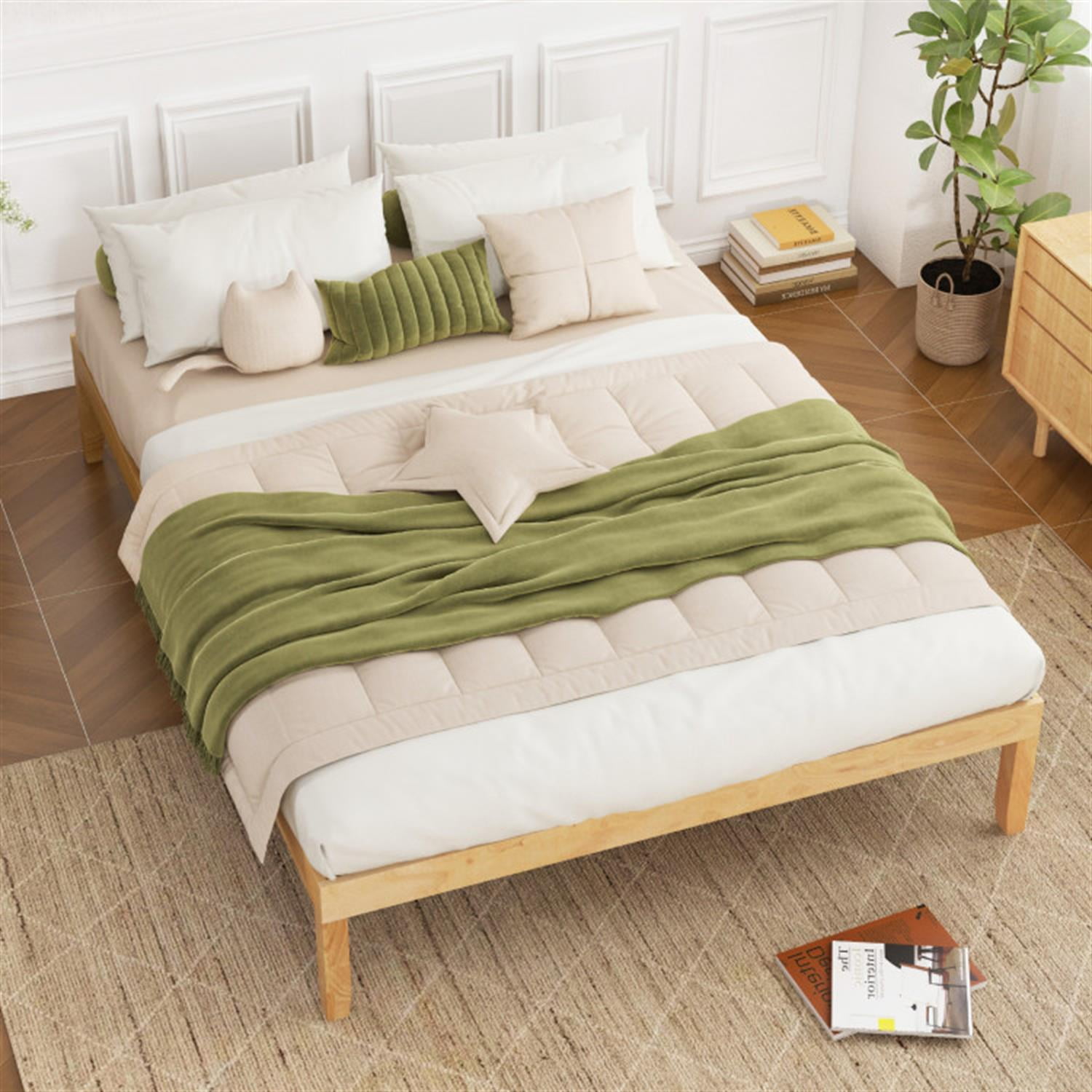 Demi Bonn Full Size Bed Frame with Wooden Slats Support and Rubber Wood Legs, Acacia Wood Platform Bed Frame with Under Bed Storage, No Box Spring Needed, Beige