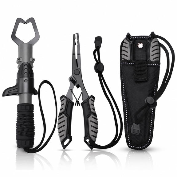 2-Piece Stainless Steel Fishing Tool Kit, Fishing Pliers with Sheath & Fish Lip Gripper, Non-Slip TPR Handle, Hook Remover Split Ring Line Cutter for Saltwater Freshwater Lure Fishing Gift(Black)