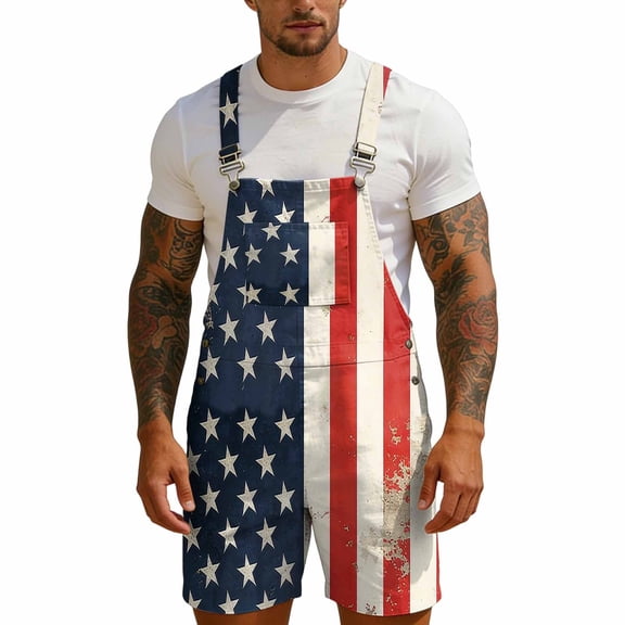FYDUU Men's Patriotic Bib Overalls Casual Denim Suspenders Shorts With Stars And Stripes Print Jumpsuit For USA Independence Day Versatile Onesie L
