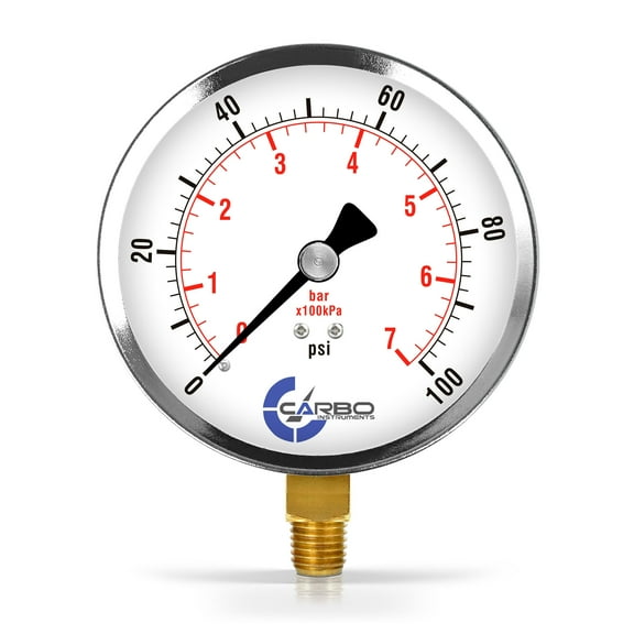 CARBO Instruments 4" Pressure Gauge, Chrome Plated Steel Case, Dry, 0-100 psi/kPa, Lower Mount 1/4" NPT