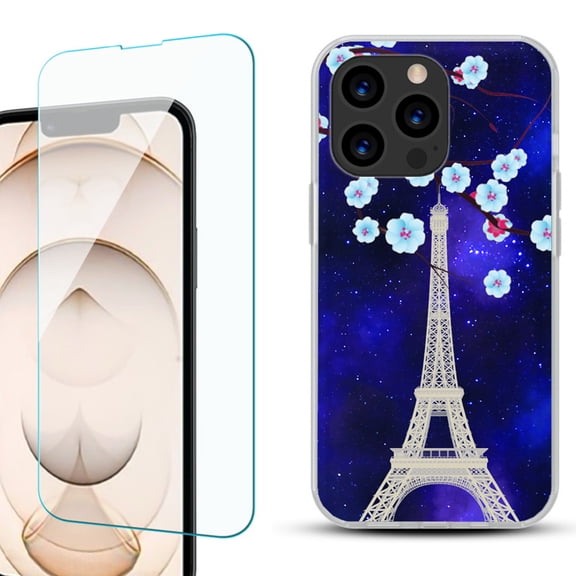 Slim-Fit Anti-Scratch Gel TPU Phone Case for iPhone 13 Pro, with Tempered Glass Screen Protector, by OneToughShield ® - Eiffel Tower Stars
