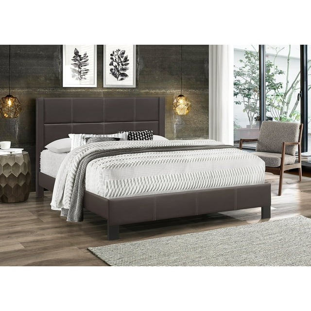 Platform Bed upholstered in luxurious tufted bonded leather in a rich brown colour. Features a tufted headboard with contrast stitching for added elegance. Shown in a modern bedroom setting with wood flooring, decorative lighting, and a neutral-toned chair. Includes mattress support, eliminating the need for a box spring. Available in Twin, Double, and Queen sizes.
