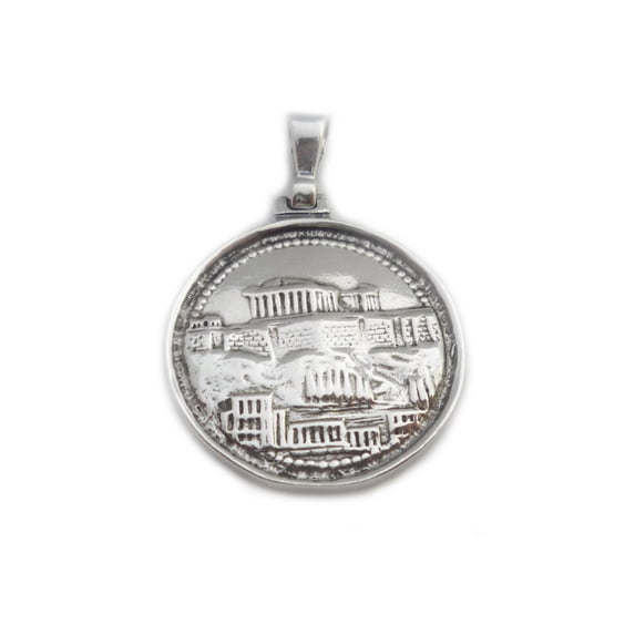 Sterling Silver Athens Acropolis and Parthenon and Greek Owl Pendant