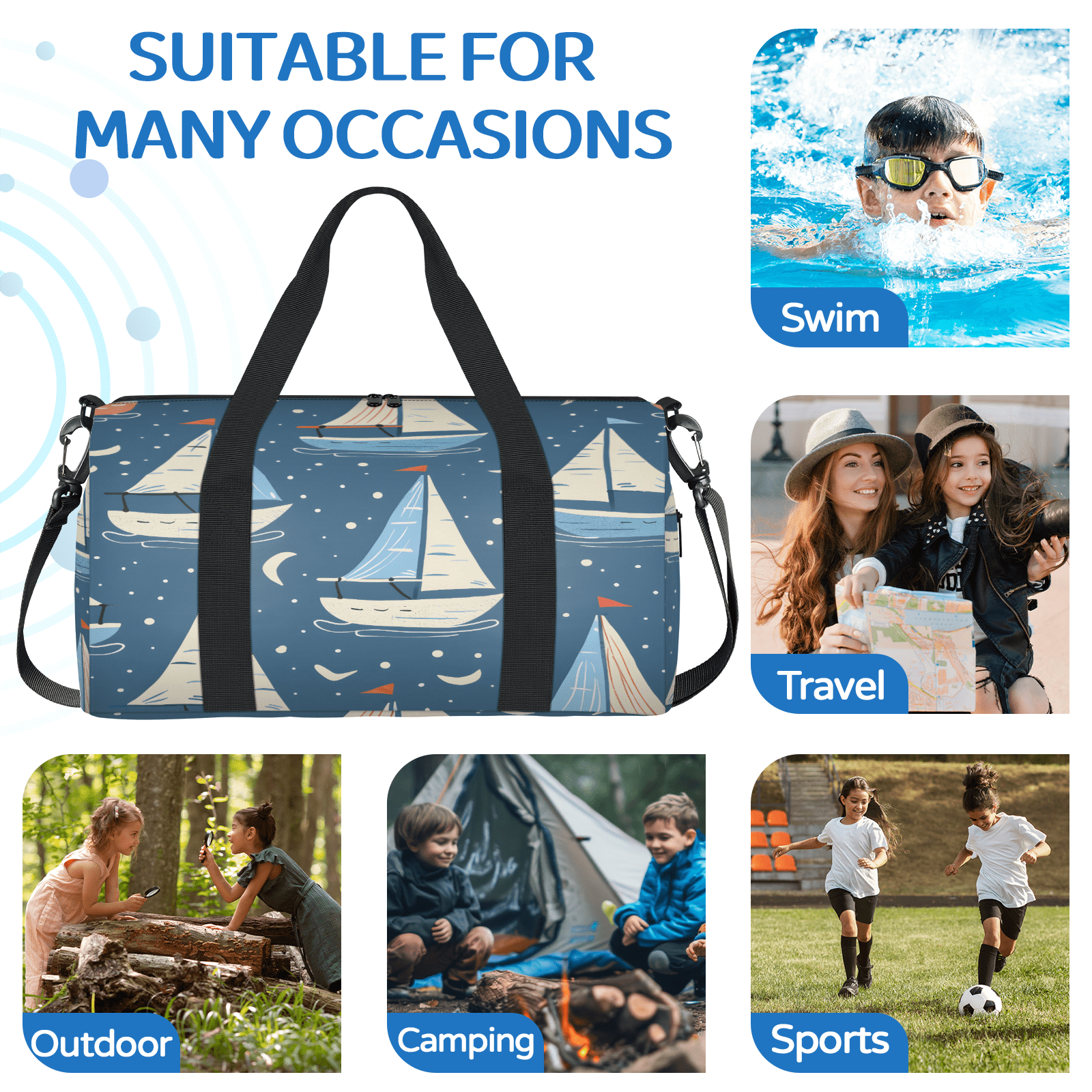 Herdesigns Coastal Sailboat Gym Bag for Women, Duffle Bag for Travel Sport, Seaside Nautical Lightweight Waterproof Carry on Weekender Dance Yoga Workout Bags