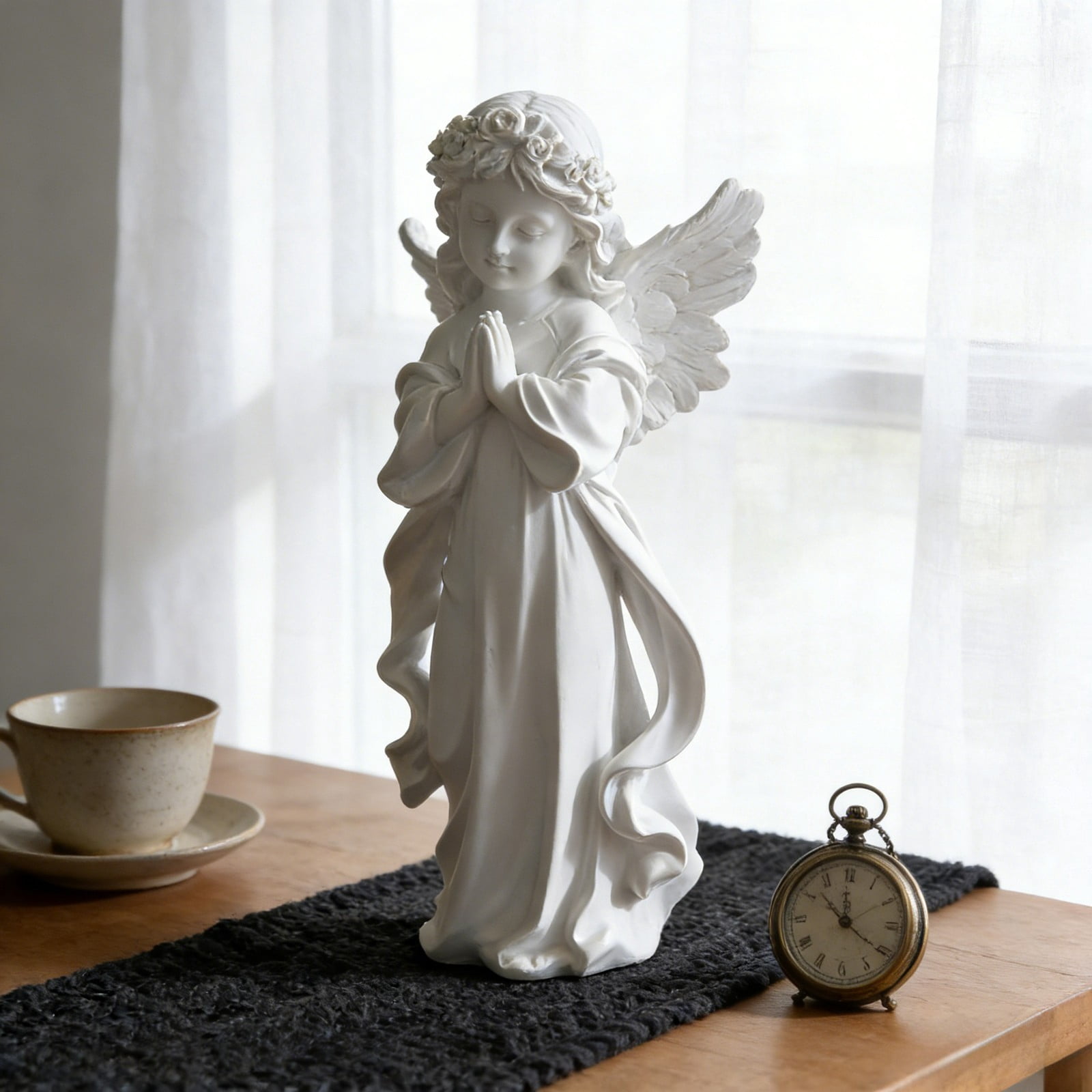 Resin Angel Figurine with Flowers - Adorable Fairy Prayer Girl Statue, Cherub Sculpture for Outdoor Garden, Indoor Shelf, Cabinets, and Home Decor Ornaments
