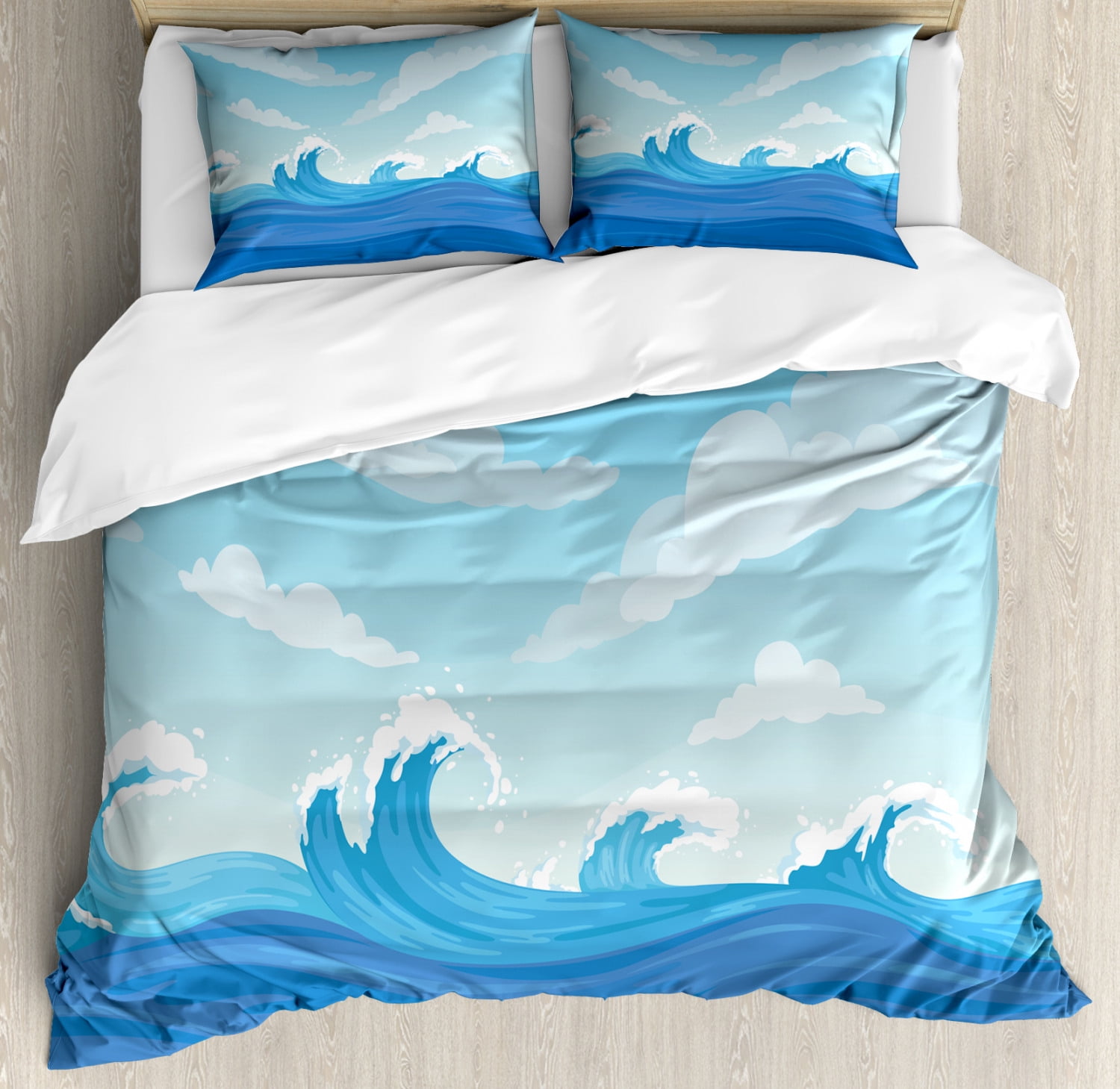 Wave Duvet Cover Set Queen Size, Hokusai Inspired Blue Ocean in Calm
