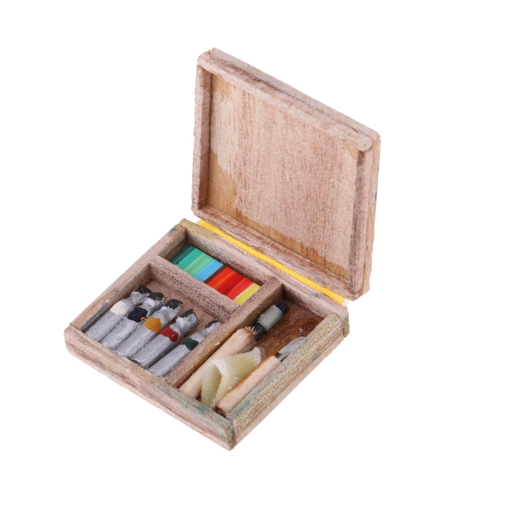 Wooden Painting Box Watercolor Case Drawing Tools 1:12 Dollhouse Miniatures 