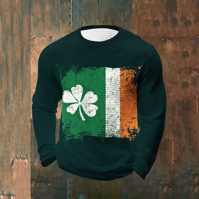 Ceisia Men's St. Patrick's Day Irish Flag Shamrock Waffle Knit Top | Long Sleeve Crew Neck Casual Tee Gifts