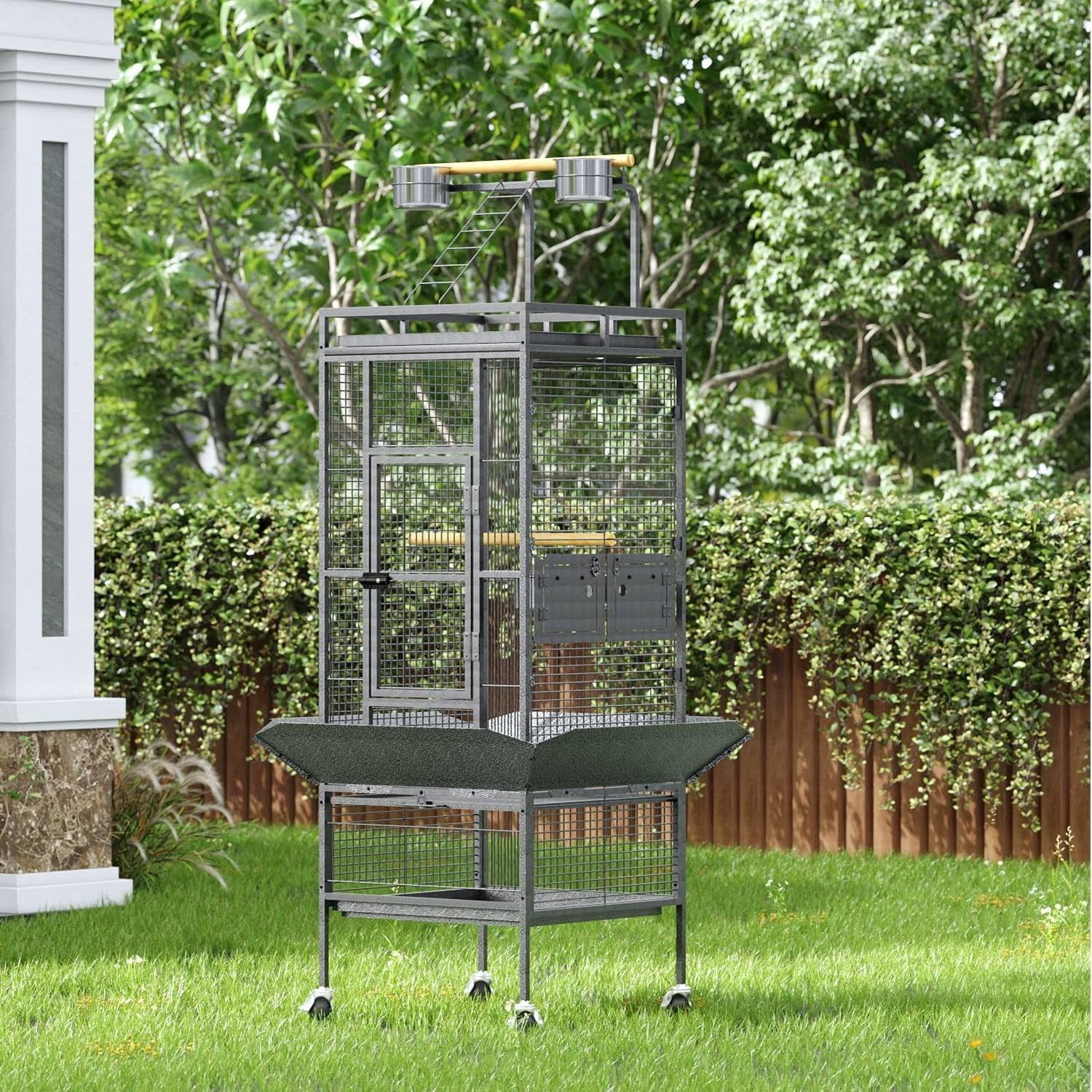 61" Heavy Duty Bird Cage, Flight Cage W/Play Top, Rolling Stand & Bowls for Parrots