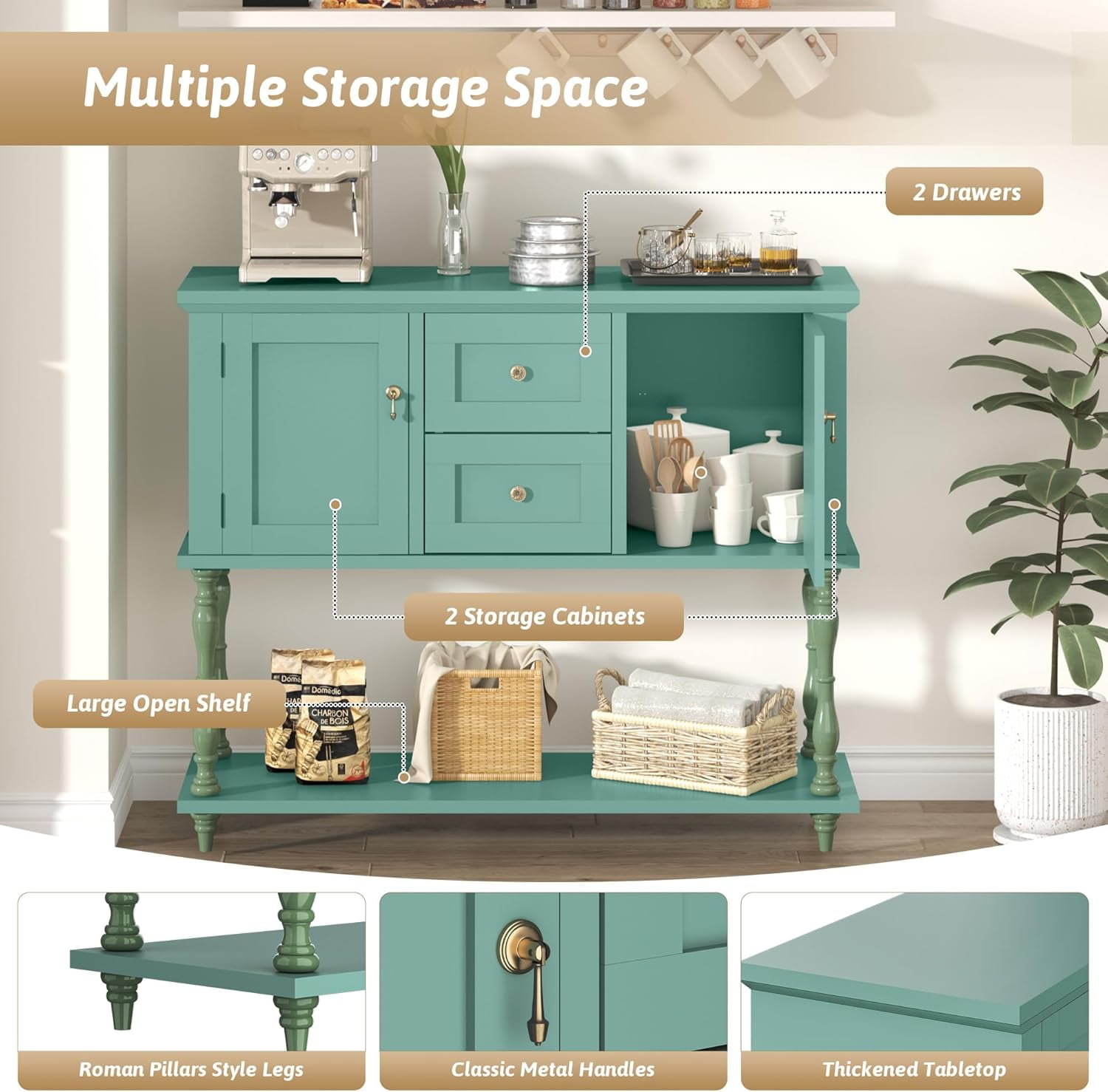 QinaQin Entryway Table with 2 Drawers,Vintage Console Table with Storage Shelf and 2 Doors,Farmhouse Buffet Sideboard Cabinet for Hallway,Entryway,Green