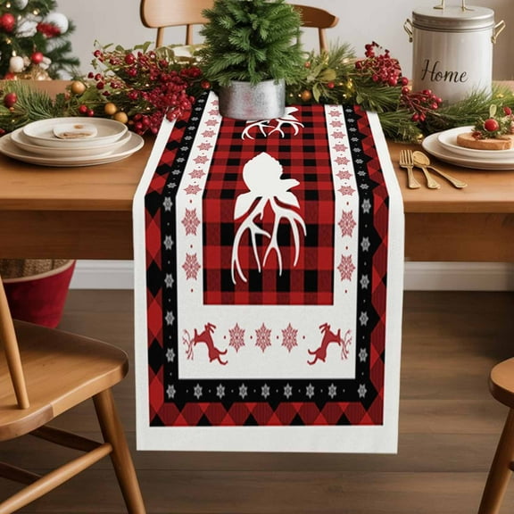 Xmas Deer Cotton Linen Table Runner Red Buffalo Plaid Dining Table Runners for Home Decor Party Dining Room Restaurant Kitchen Party 13" x 108"