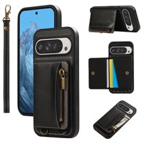 Dteck Wallet Case for Google Pixel 9 Pro / Pixel 9, Magnetic Clasp Zipper Purse PU Leather Wristlet Wallet Case with Credit Card Slot Holder Back Flip Cover with Strap for Pixel 9 Pro / Pixel 9,Black