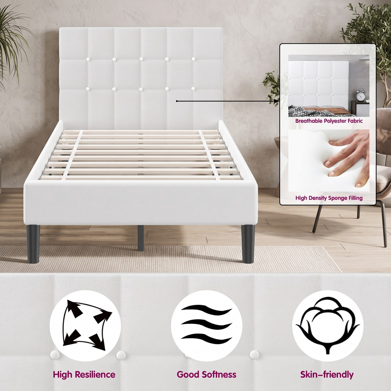 Furnibear Twin Size Bed Frame, Upholstered Platform Bed with Button Tufted Headboard and Under-Bed Storage, No Box Spring Needed, White