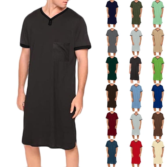 Men's Short Sleeve Nightshirt Sleepwear Lightweight Breathable Lounge Shirt with Pocket Loose Fit Summer Home Wear