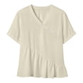 thumbnail image 2 of Craaazy Women's Plus Size Versatile Solid Color Cotton Linen V-Neck Short Sleeve T-shirts with Ruffle Trim for Daily Wear, 2 of 7