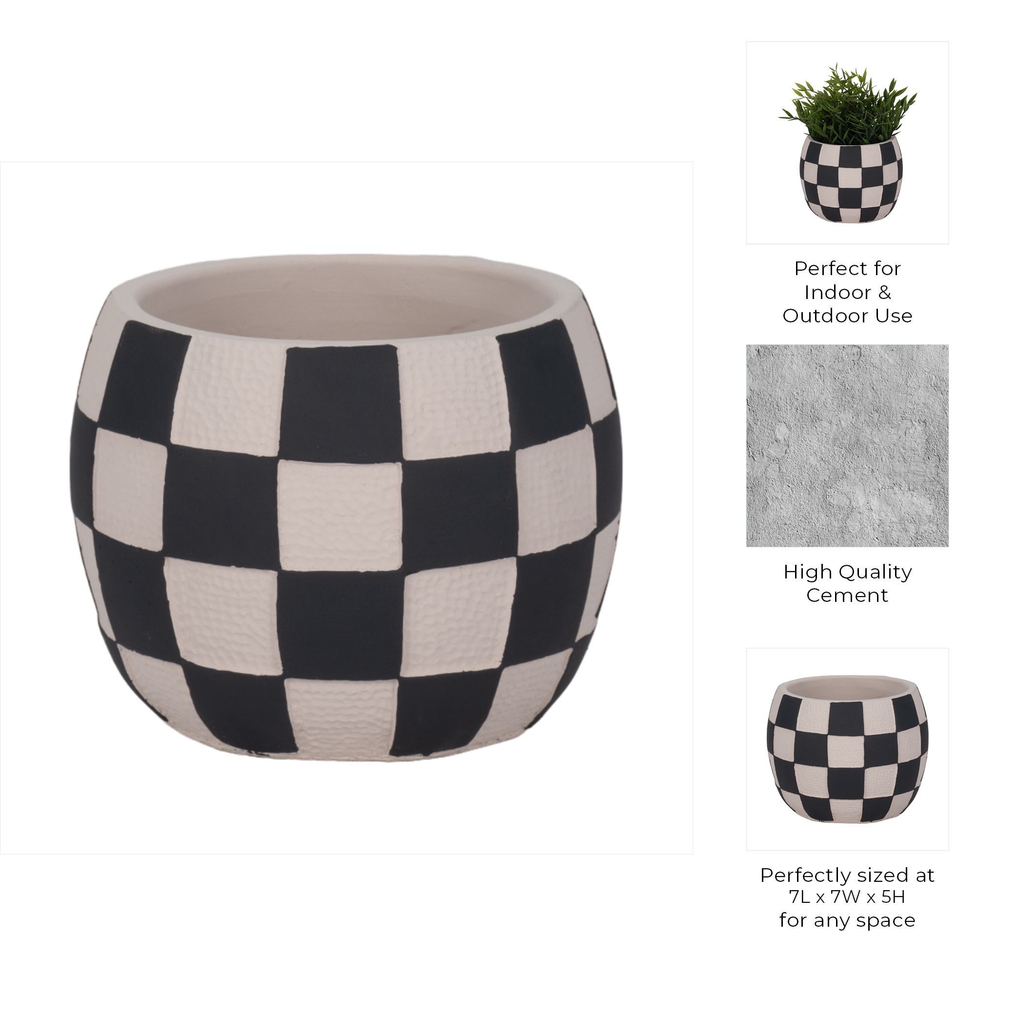 Modern Rounded Checkerboard Flower Pots for Home Decor Stylilng - Refined Planters with Graphic Pattern Detail - Decorative Planter Accent for Indoor Plants and Outdoor Use - 5", Black & White