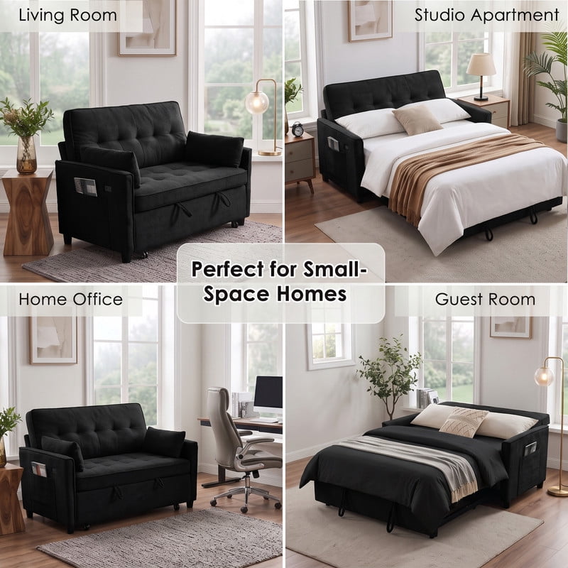 Anpport 54" 3‑in‑1 Convertible Sofa Bed, Towel Fabric, 3‑Position Adjustable Backrest with USB Charging Ports, for Living Room, Apartment, Black