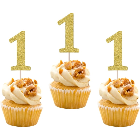 Number 1 Cupcake Toppers, Gold Glitter 1st Birthday Cupcake Picks, 12 Pack, First Birthday Party Decorations